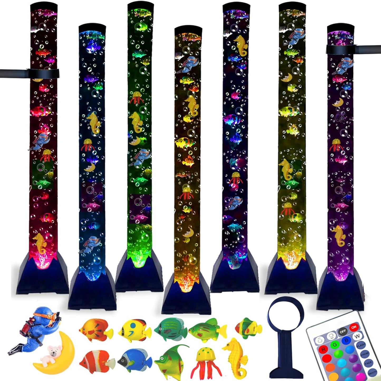 Muiofang Sensory Bubble Tower Lamp front view showing illuminated four foot blue LED water tube with artificial fish floating inside.