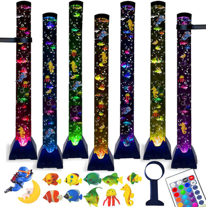Muiofang Sensory Bubble Tower Lamp front view showing illuminated four foot blue LED water tube with artificial fish floating inside.