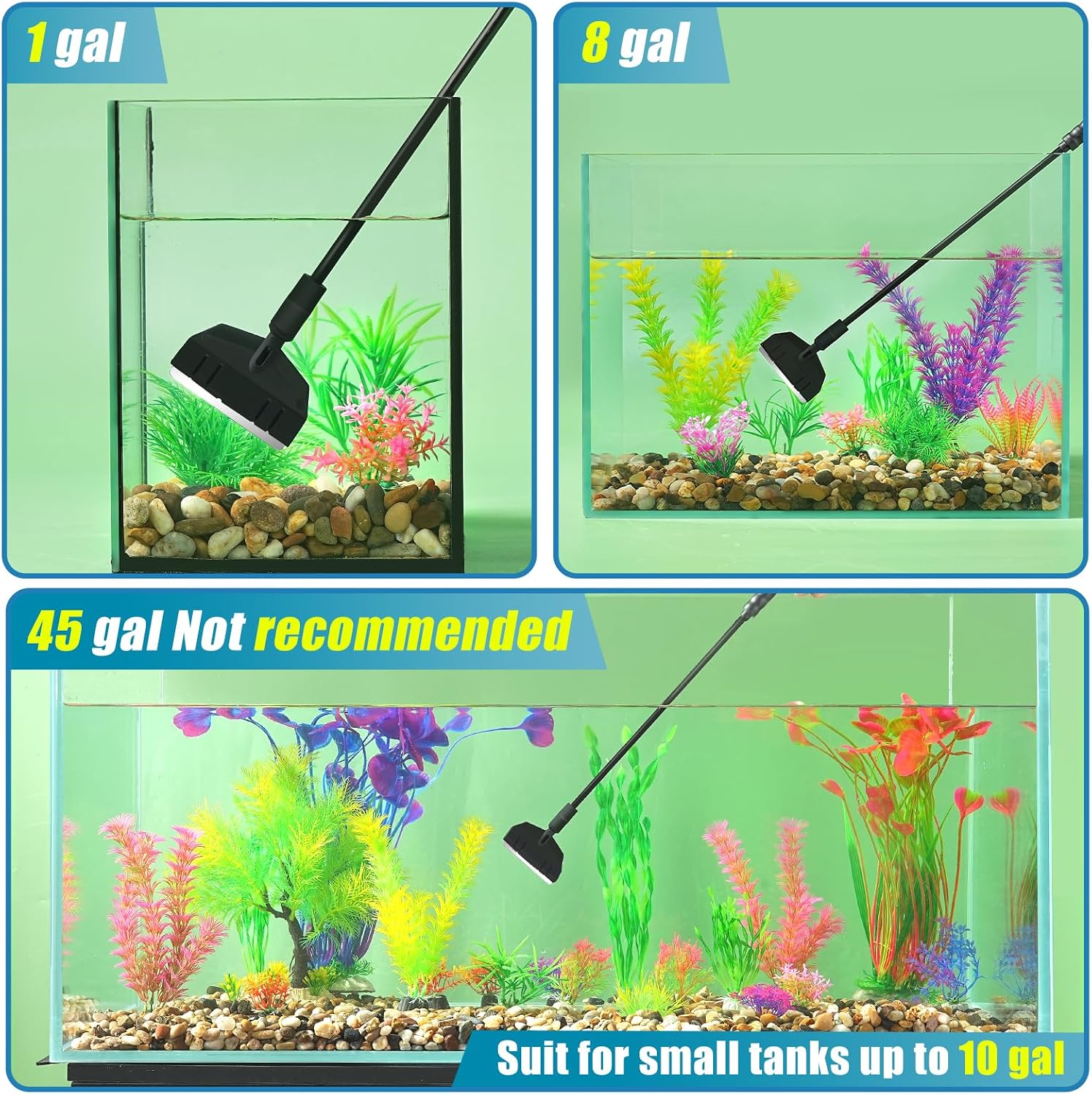 AQUANEAT aquarium maintenance tool being used to clean a ten gallon nano fish tank setup.