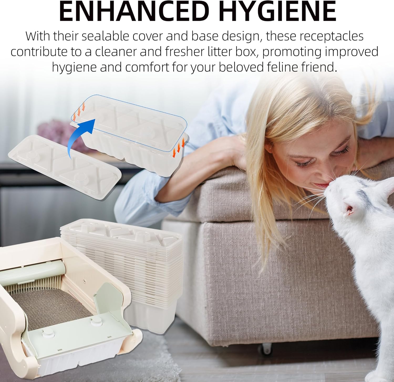 Cat litter waste receptacle liners and trays in original packaging