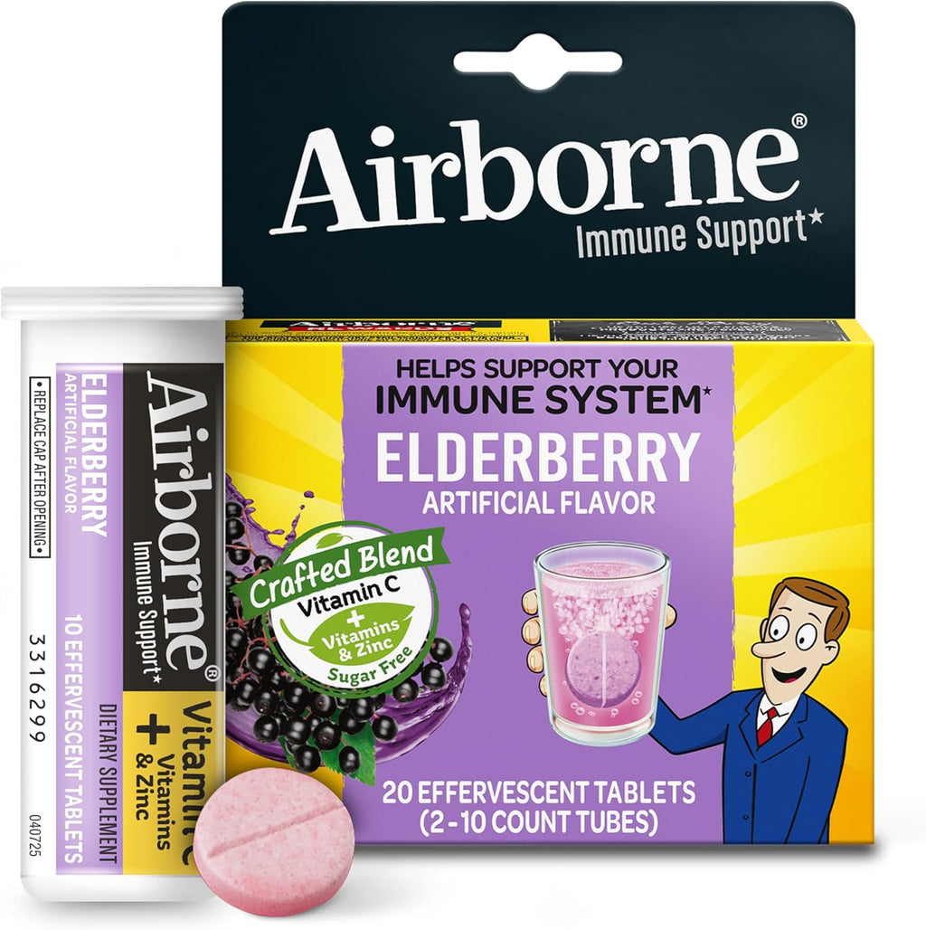 Airborne Elderberry Effervescent Extract and Vitamin C front box packaging for daily immune defense