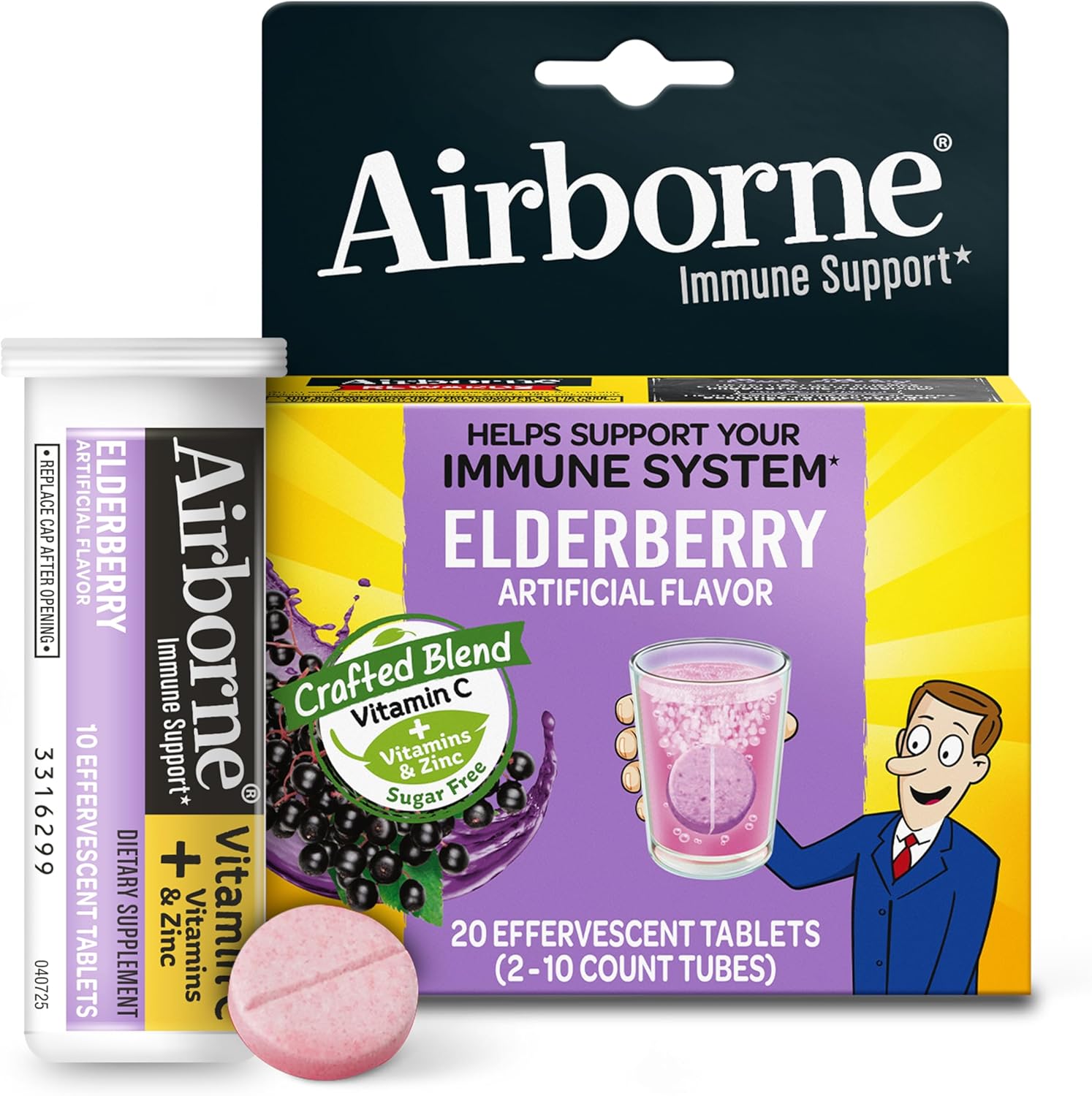 Airborne Elderberry Effervescent Extract and Vitamin C front box packaging for daily immune defense