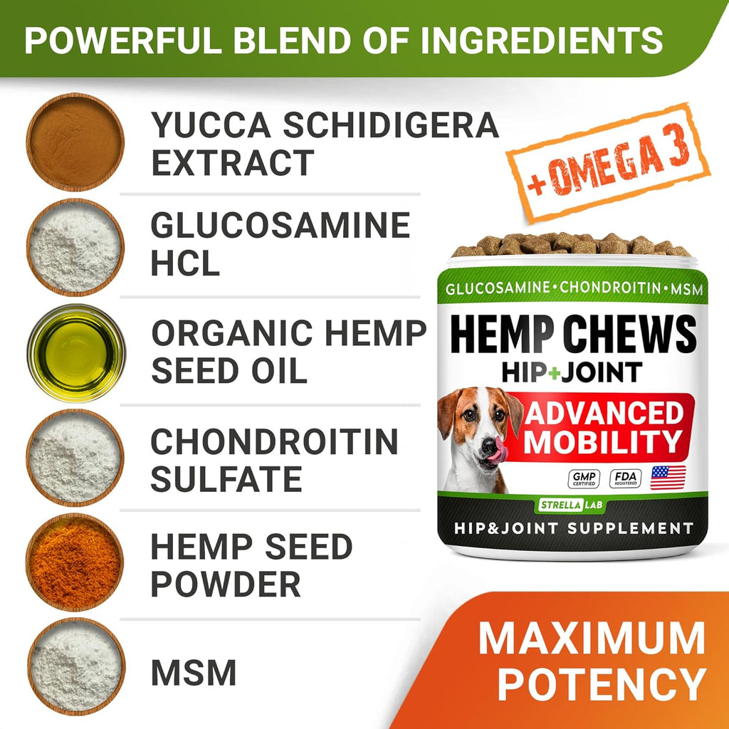 StrellaLab dog mobility treats container detailing glucosamine chondroitin and MSM ingredients.