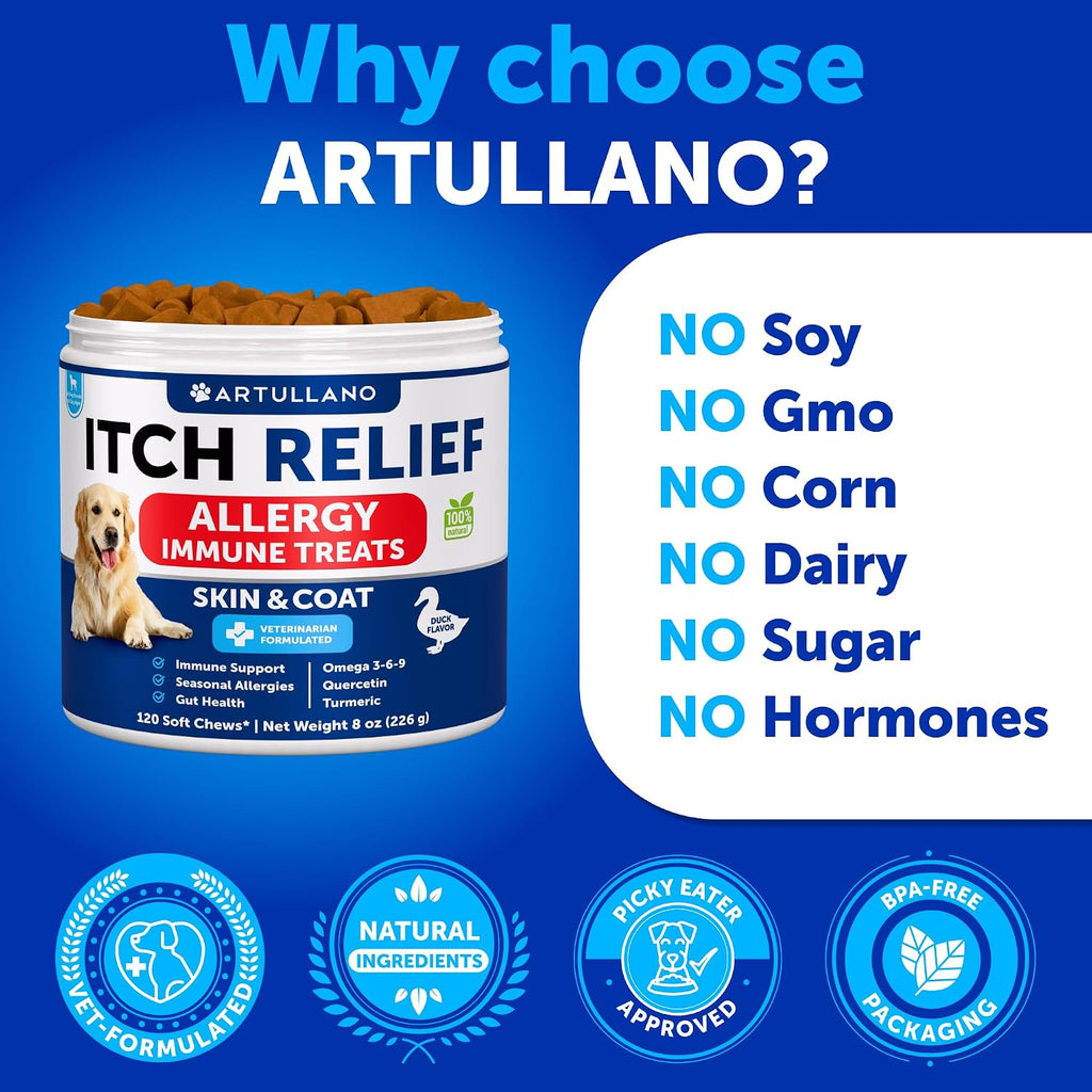 Dog allergy relief supplement bottle featuring omega 3 fish oil ingredient details.