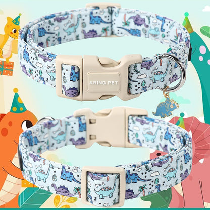 Close up of dinosaur pattern on cotton dog collar
