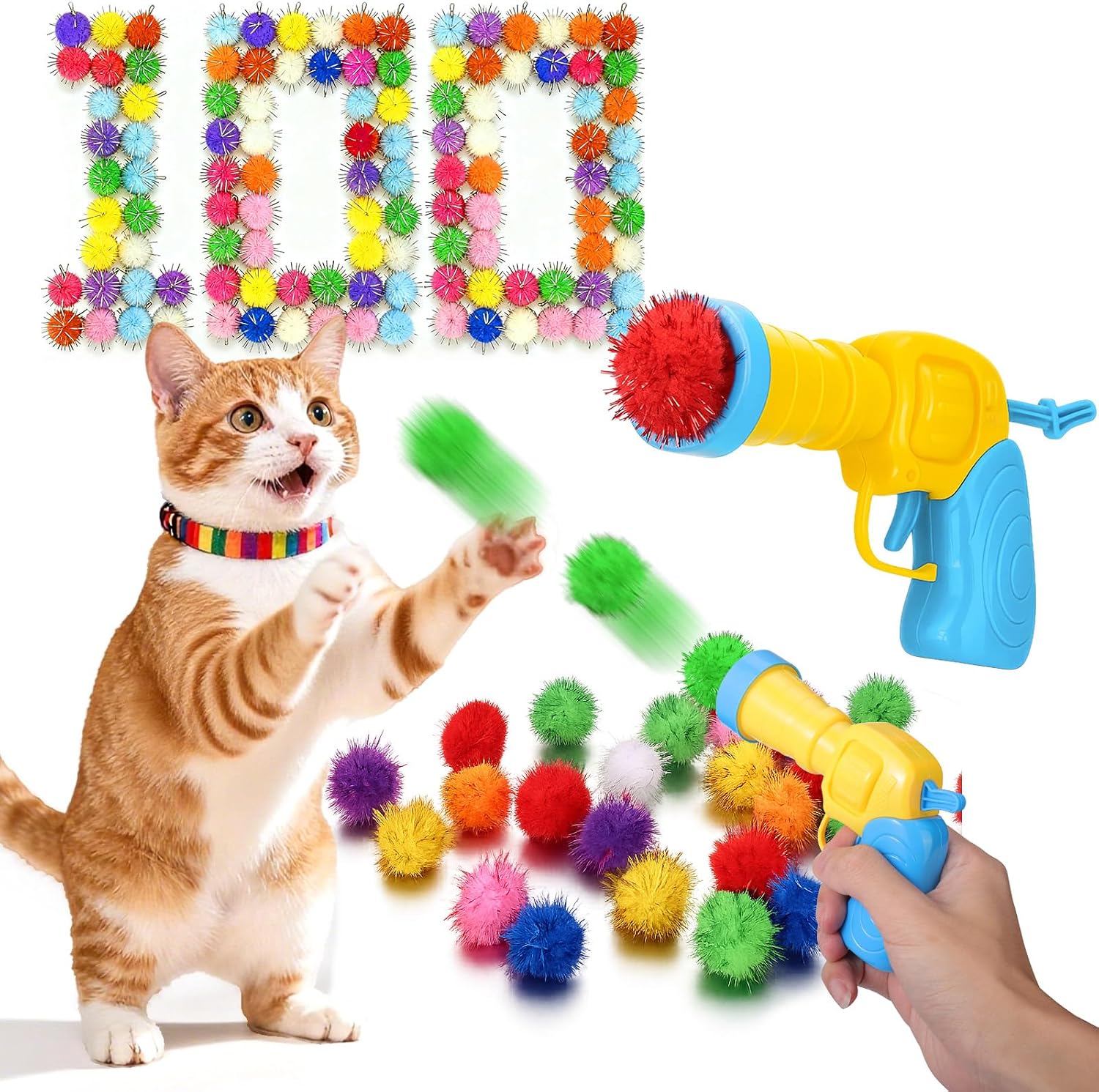 Mity rain 102PCS Cat Ball Launchers & Pom Pom Balls Interactive Cat Toy Set - Safe Soft Plush Kitten Toys for Indoor Cats, Fun Kitten Toys for Endless Active Play (Christmas) - Image 9