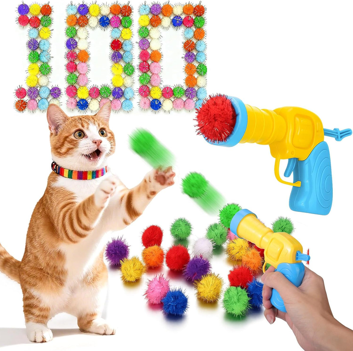Mity rain 102PCS Cat Ball Launchers & Pom Pom Balls Interactive Cat Toy Set - Safe Soft Plush Kitten Toys for Indoor Cats, Fun Kitten Toys for Endless Active Play (Christmas) - Image 9