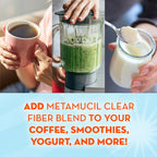 Metamucil clear fiber powder mixing in a glass of water