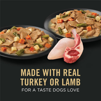 High protein lamb and vegetables wet dog food recipe packaging details.