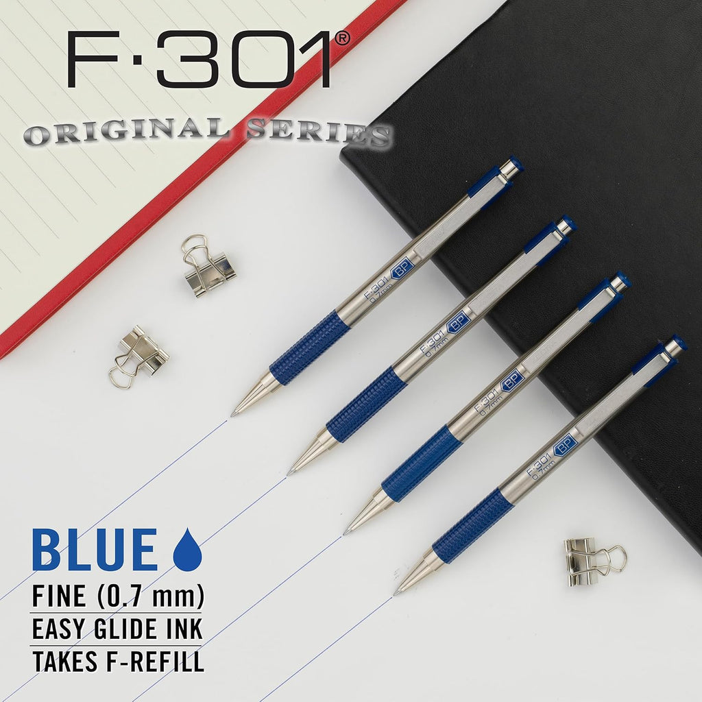 Zebra Pen F-301 Ballpoint Blue Ink Fine Point 0.7mm Pen, Easy-Glide Ink, Stainless Steel Retractable, Non-Slip Grip, Professional Design, Ideal for Office, Journal and Planner Use, 2-Pack (27122) - Image 3