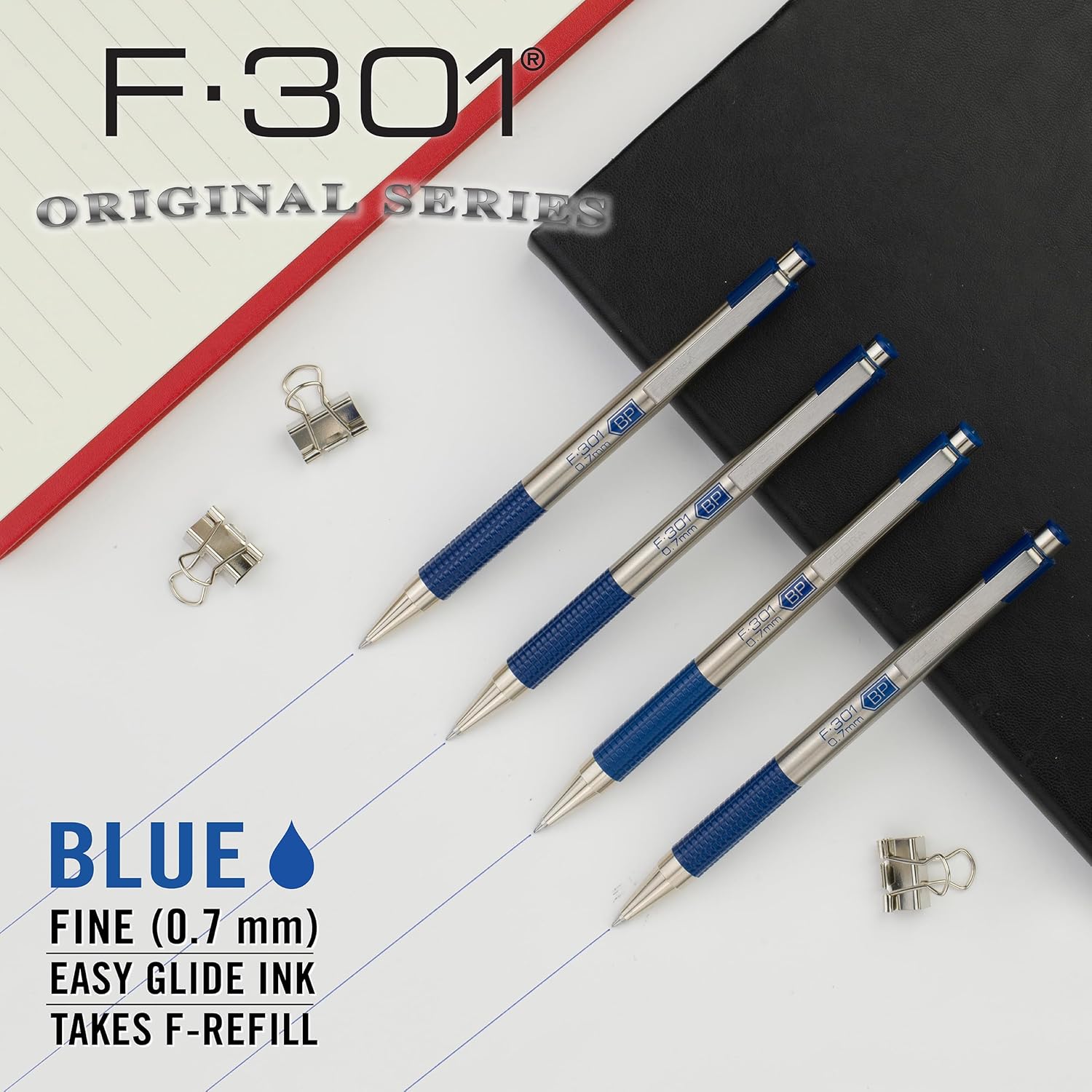Zebra Pen F-301 Ballpoint Blue Ink Fine Point 0.7mm Pen, Easy-Glide Ink, Stainless Steel Retractable, Non-Slip Grip, Professional Design, Ideal for Office, Journal and Planner Use, 2-Pack (27122) - Image 3