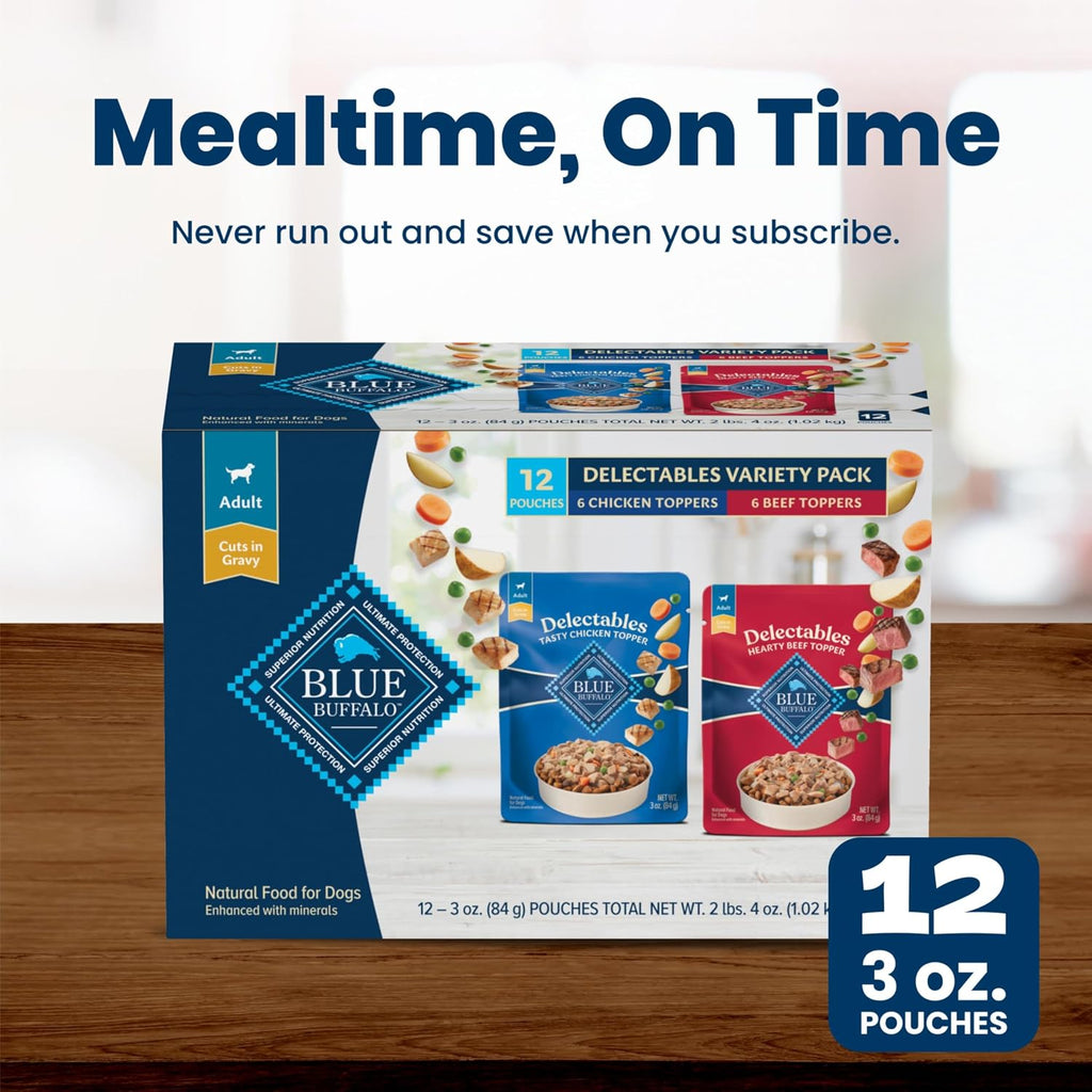 Blue Buffalo Delectables Variety Pack Natural Grain Free Wet Dog Food Topper (Tasty Chicken & Hearty Beef) Tender Cuts in Gravy with Natural Ingredients, Vitamins & Minerals, 3-oz. Each (12 Pouches) - Image 10