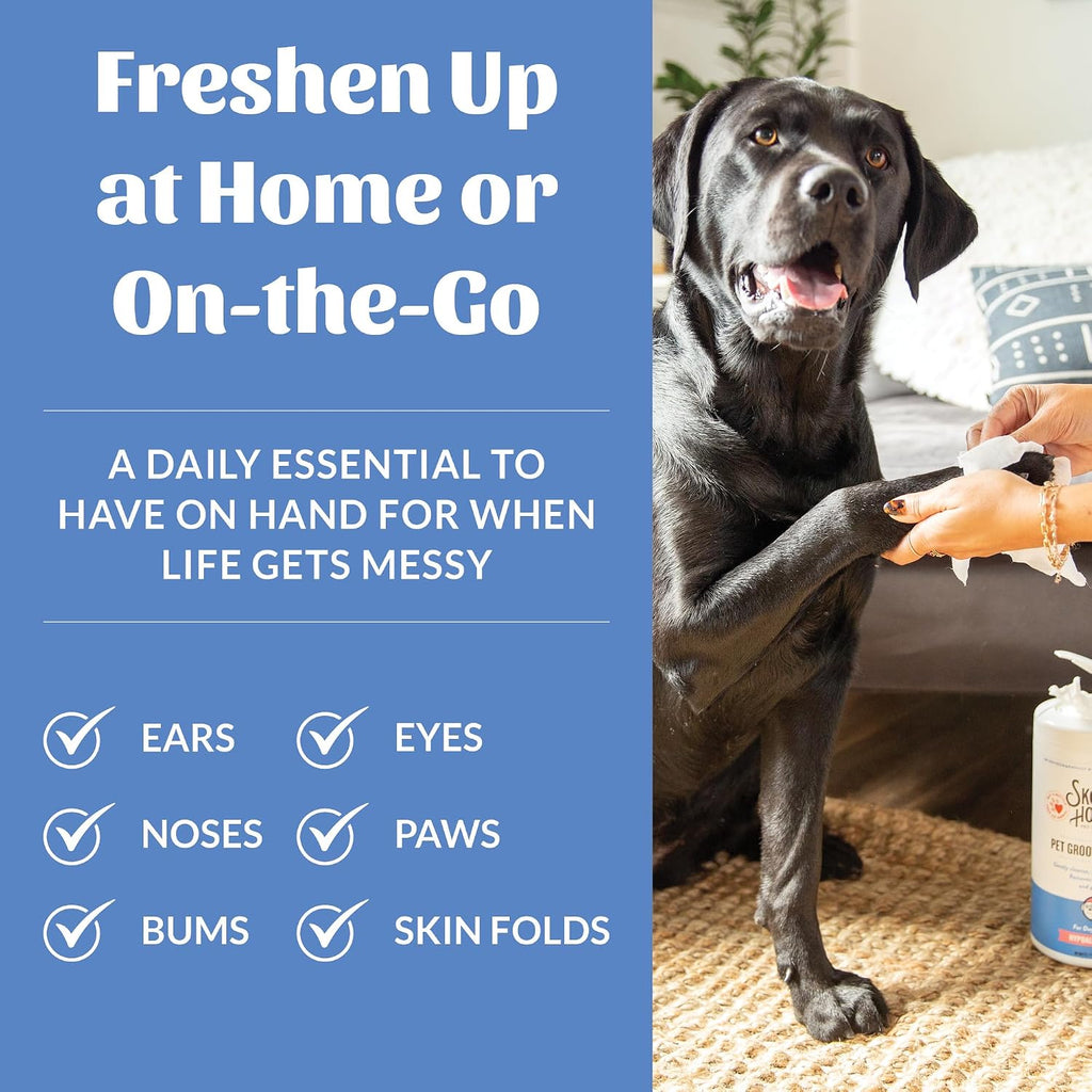 Deodorizing unscented pet wipes for cleansing sensitive skin folds and faces gently.