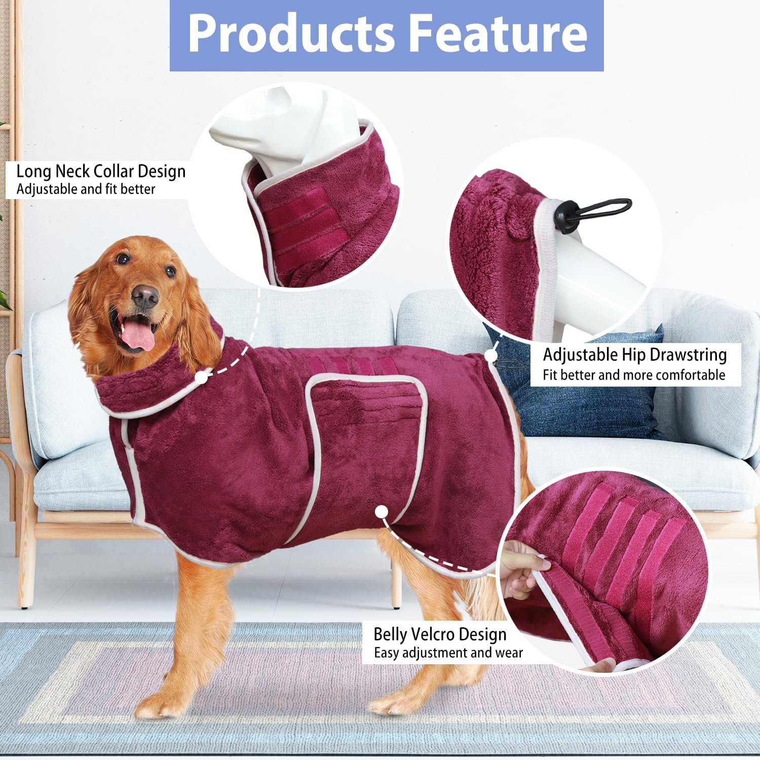 HhiMyOct premium pet robe with adjustable belly strap side view
