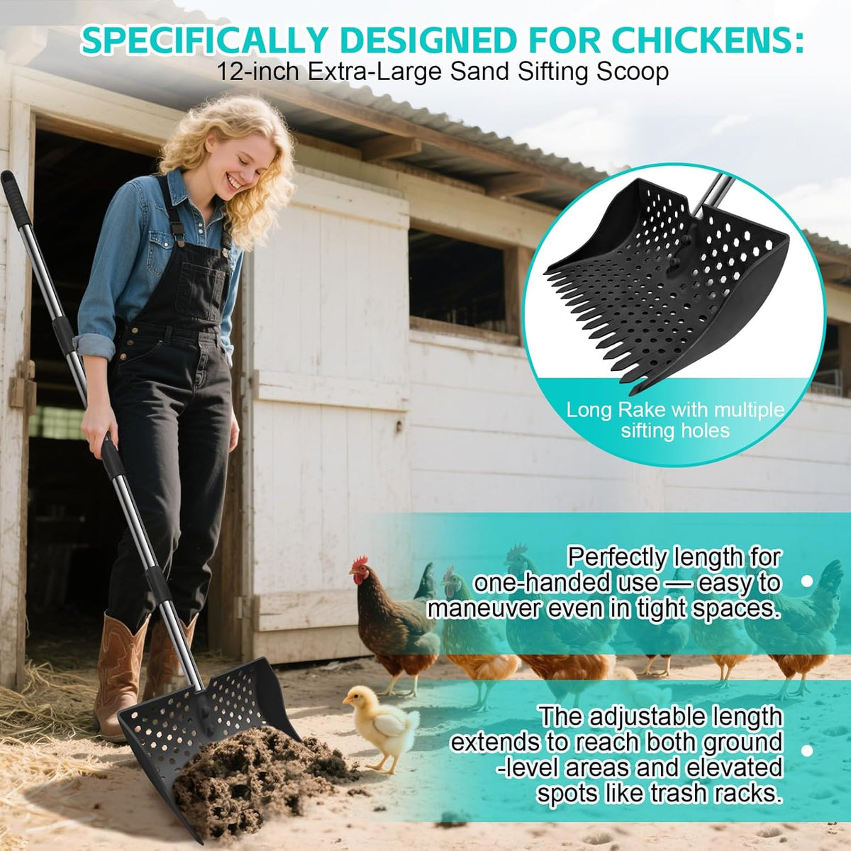 HUMUMU two in one chicken coop rake multi shape sifting holes