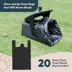 Close up view of the twenty included thick pet waste bags and storage hook.