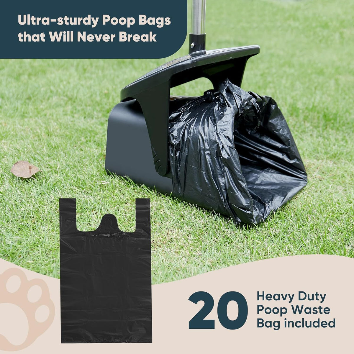 Close up view of the twenty included thick pet waste bags and storage hook.