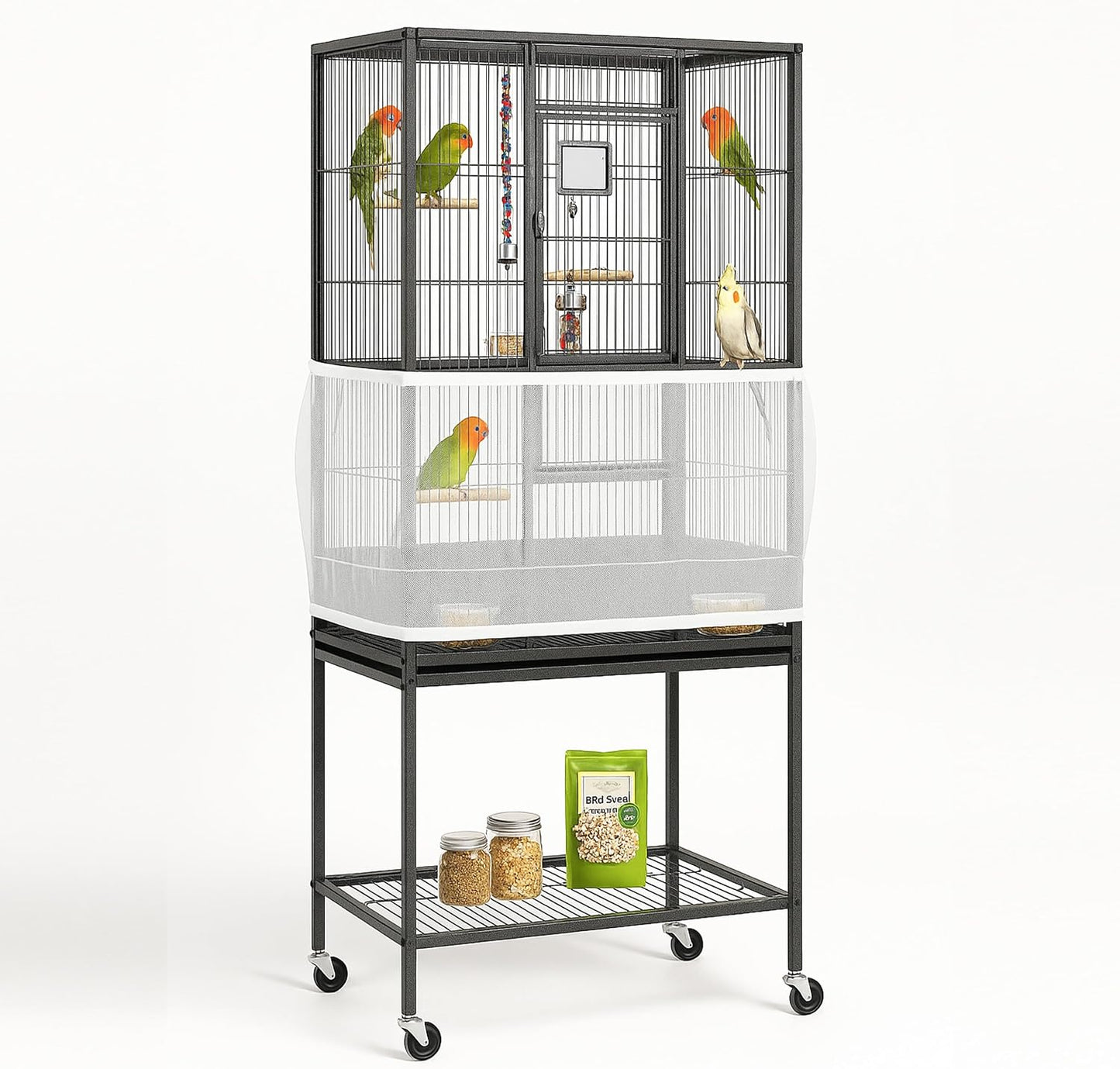 White airy gauze bird cage cover trapping loose seeds and feathers from falling