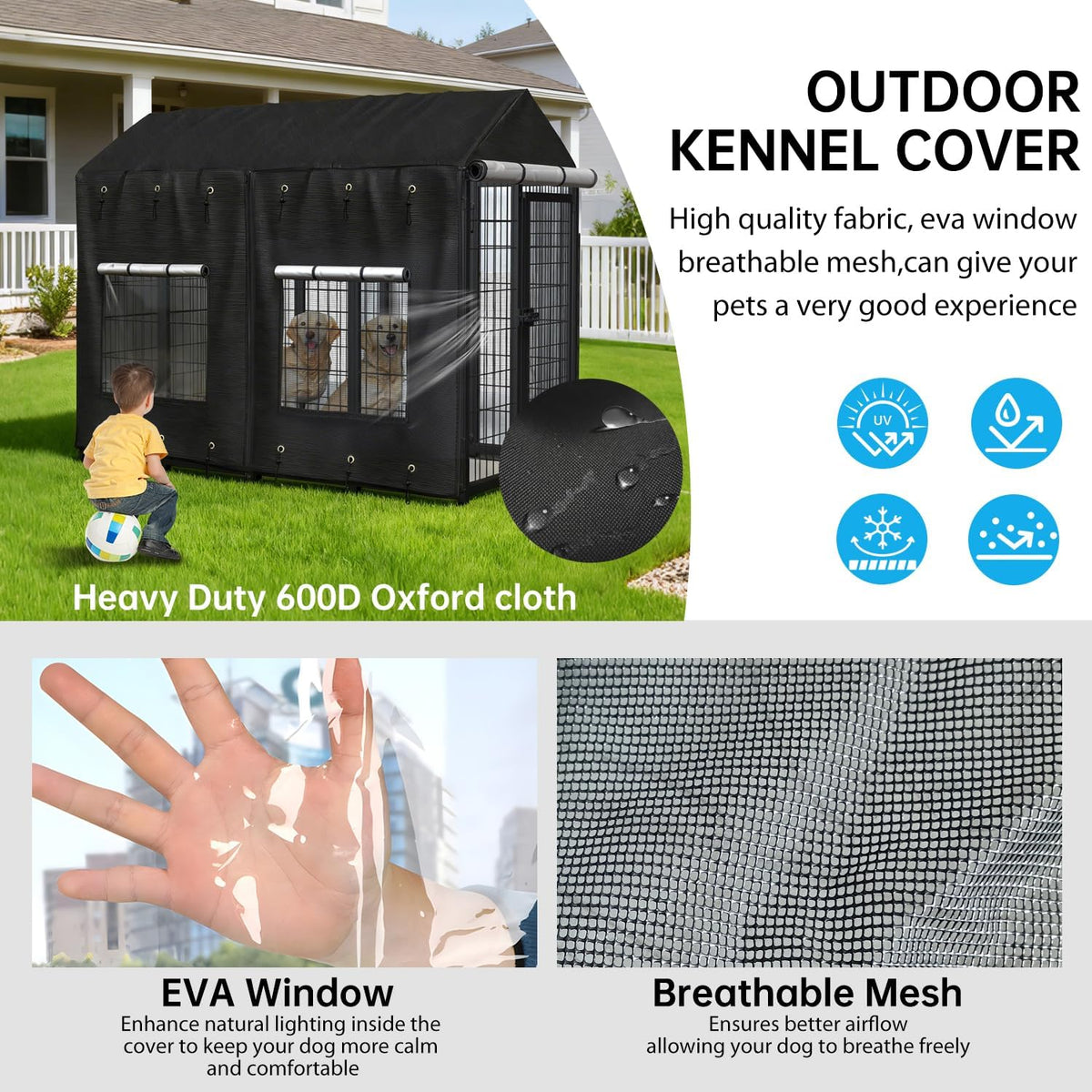 Large outdoor pet enclosure cover with transparent PVC windows