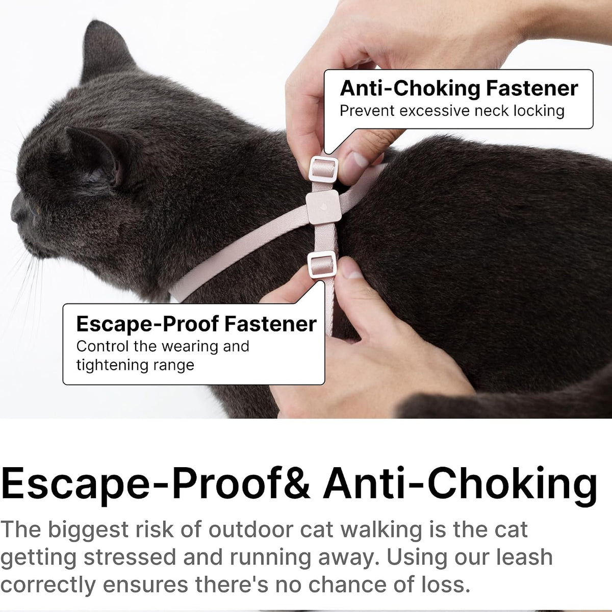 Close up of the non detachable shock absorbing elastic leash and aluminum alloy hardware.