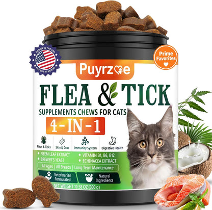 Puyrzoe 4-in-1 Flea Treatment for Cats Chewable front container view showing natural pest protection details.