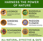 Natural pet adrenal supplement with ashwagandha and licorice root ingredients label.