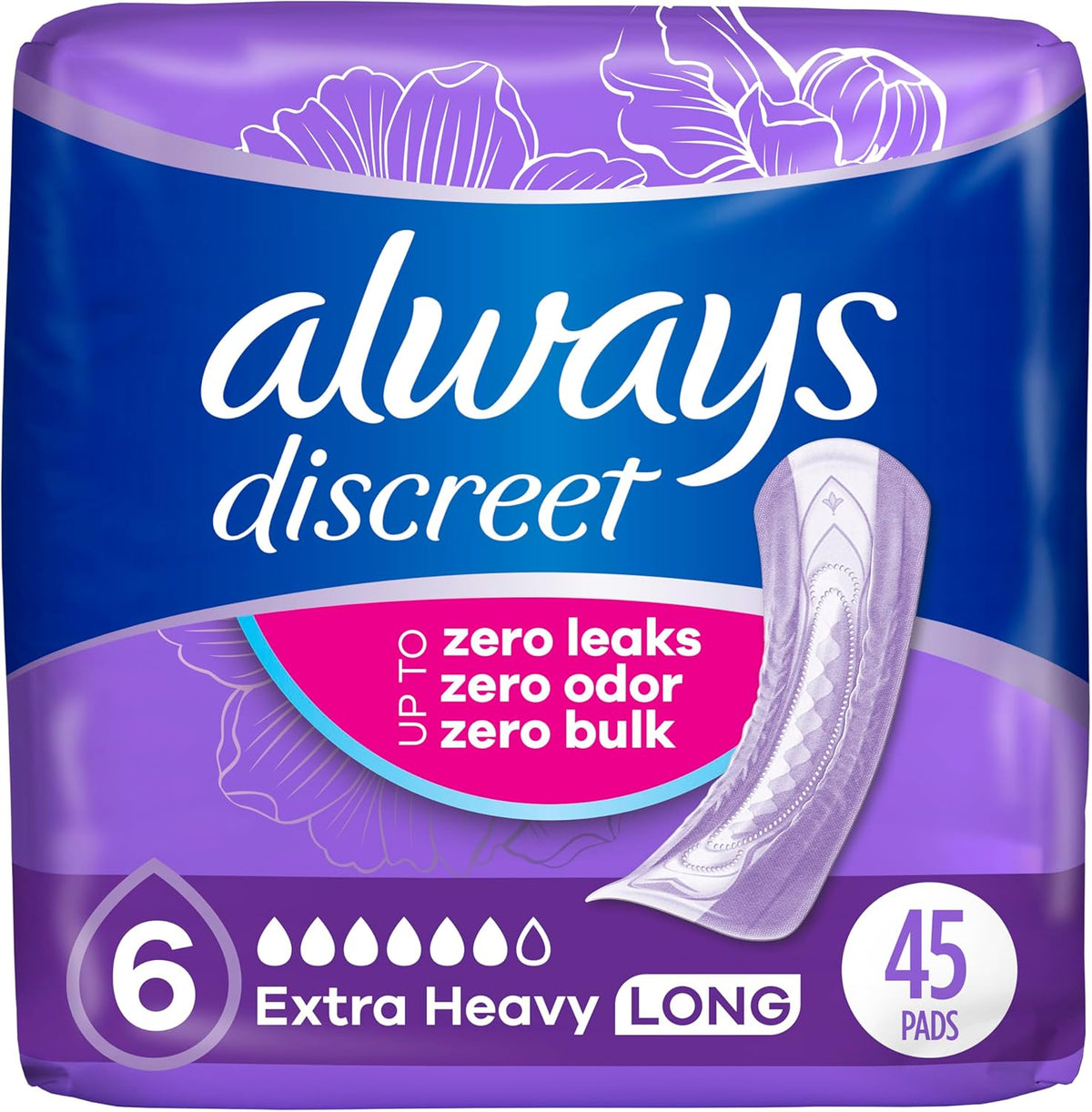 Always Discreet Extra Heavy Absorbency Long Length Incontinence Pads front packaging view