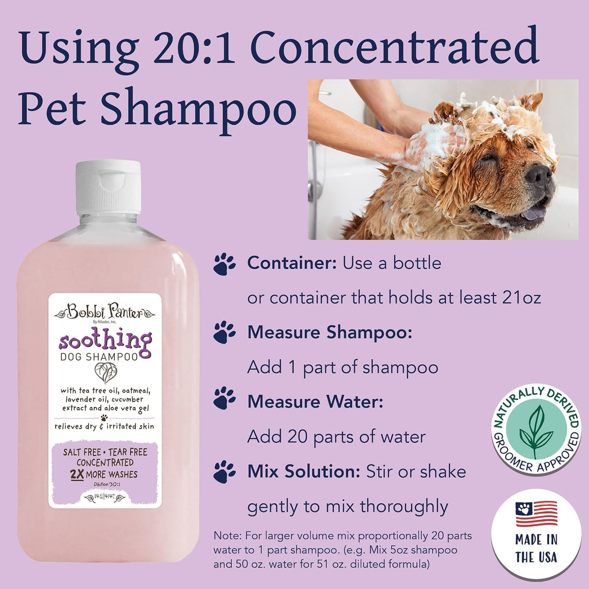 Bobbi Panter soothing dog shampoo applied during pet grooming