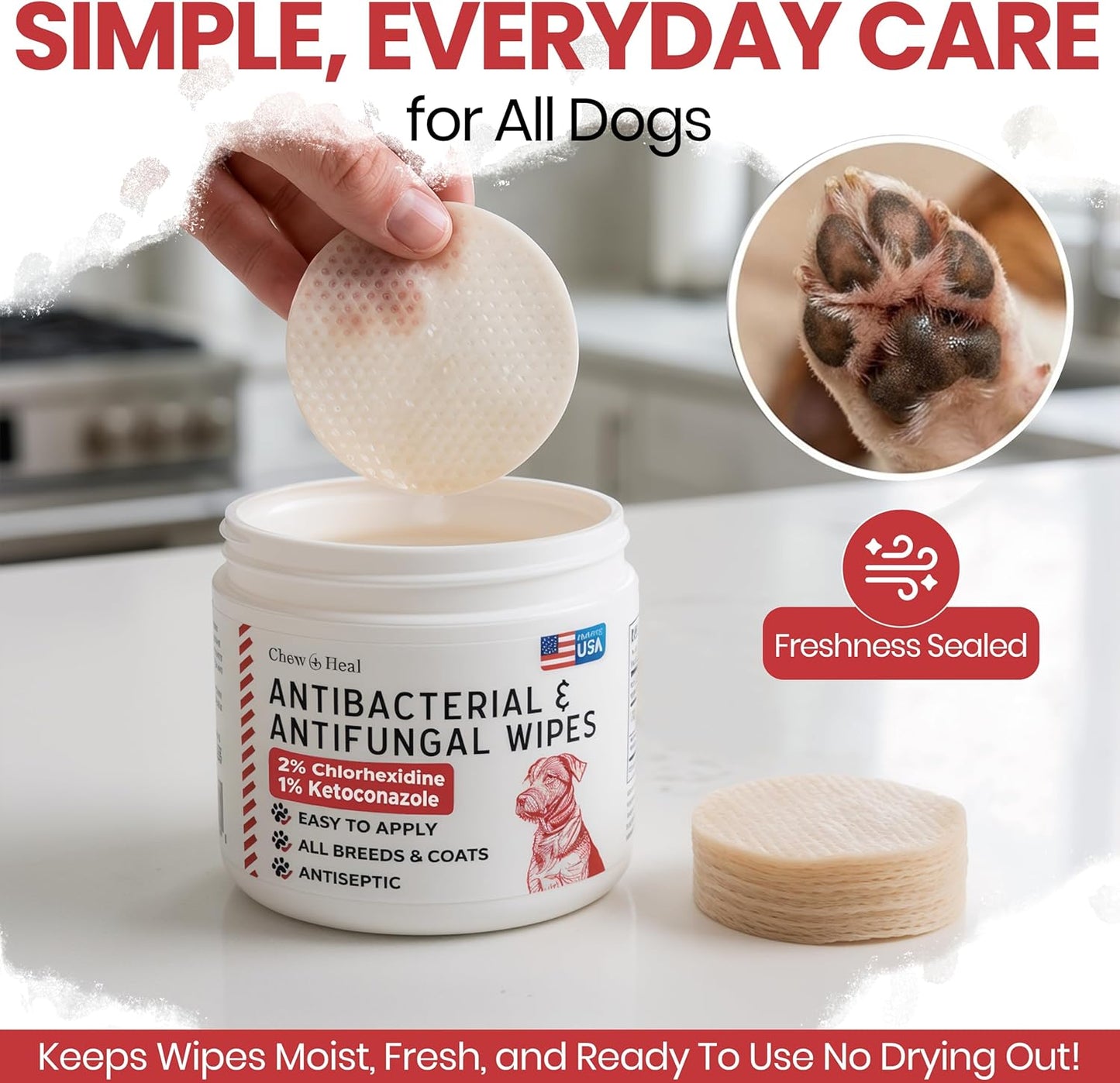 Textured wet wipes for dogs by Chew + Heal Labs to treat yeast infections.