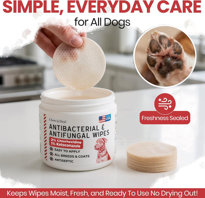 Textured wet wipes for dogs by Chew + Heal Labs to treat yeast infections.