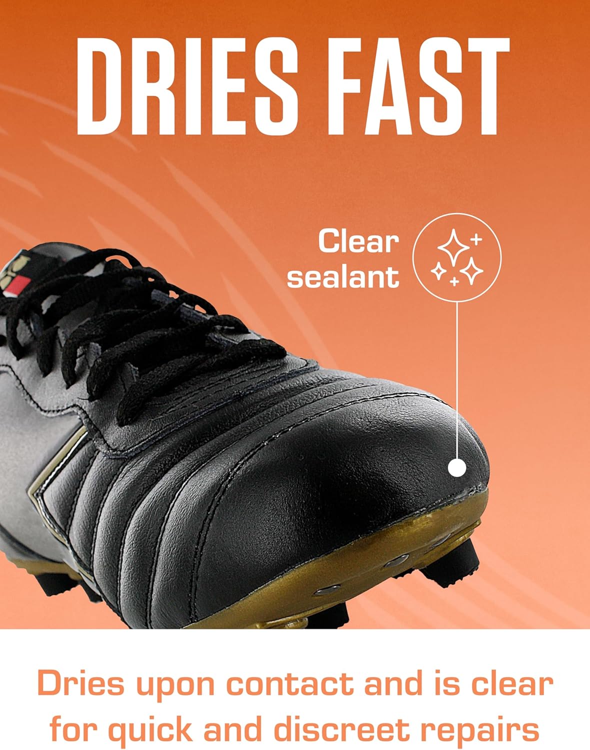 Close up view of the transparent waterproof barrier created by cured Shoegoo sealant on boots.