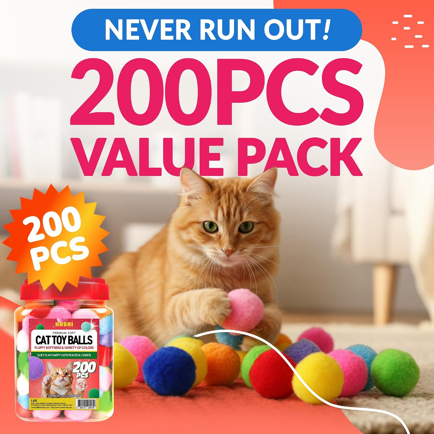 Close up of colorful 1.2 inch fuzzy pom pom balls for cats