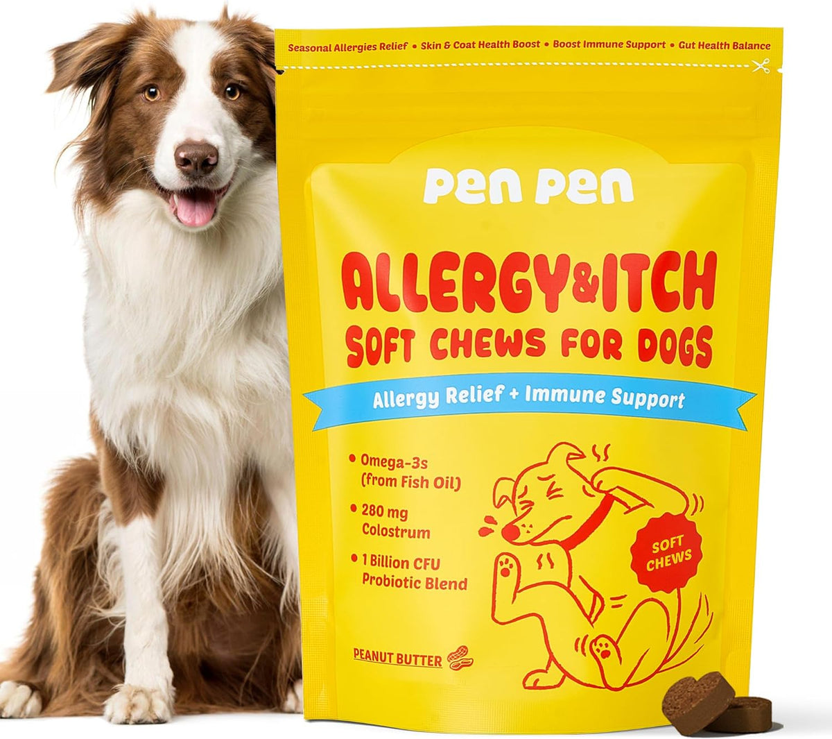 PENPEN Dog Allergy Chews - Anti-Itch & Itchy Skin Support for Dogs, Probiotics & Omega 3 (Fish Oil) for Immune & Gut Health - Peanut Butter Flavor - 180 Soft Chews - Image 12