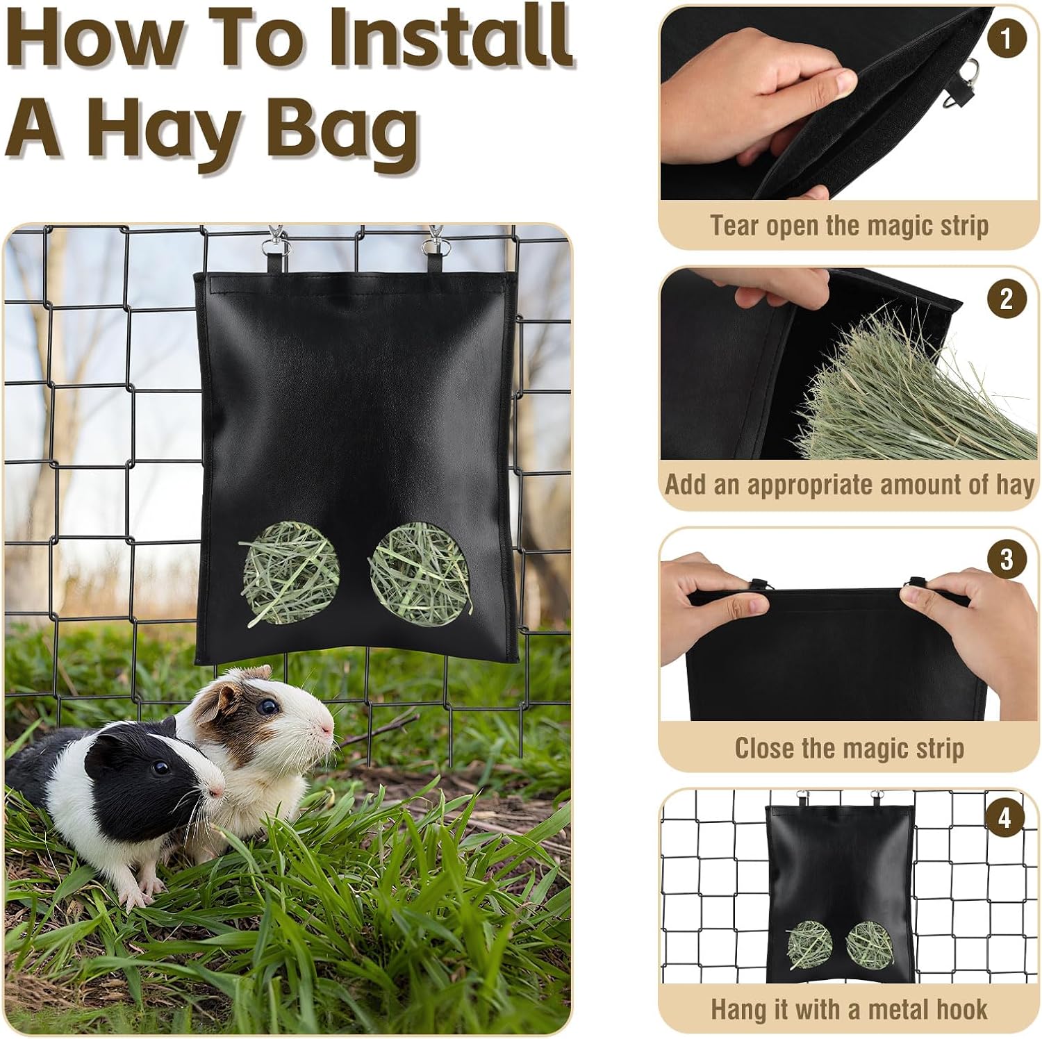 2Pcs Hanging Hay Feeder Bag for Guinea Pigs, Capacity of 0.35 Pounds of Hay, 11.8 x 9.8 Inch Bilayer Harmless Artificial Leather, 2-Hole Washable Hay Feeding Pouch for Small Rabbit, Chinchillas - Image 6