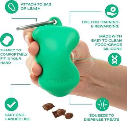 Side view of Springer silicone treat dispenser with carabiner