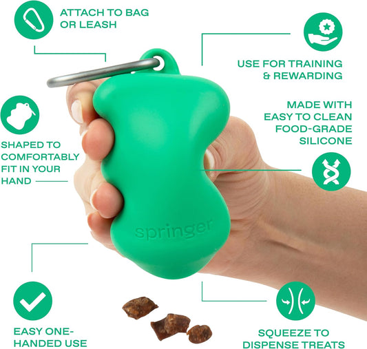 Side view of Springer silicone treat dispenser with carabiner