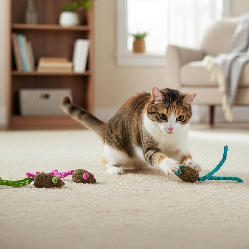Side profile view of SmartyKat compressed catnip mouse