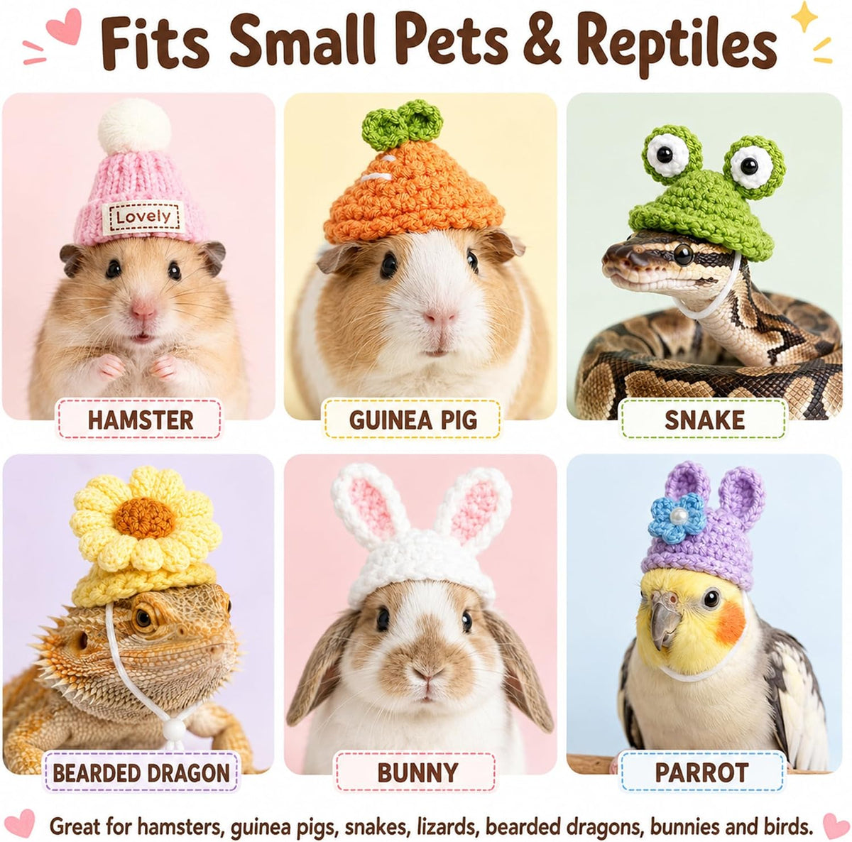 Adjustable miniature pet hats with elastic straps on a white background