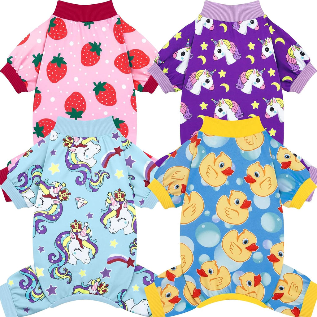 XPUDAC Four Pack Dog Pajamas front view showing cute duck pattern on a small puppy