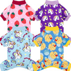 XPUDAC Four Pack Dog Pajamas front view showing cute duck pattern on a small puppy