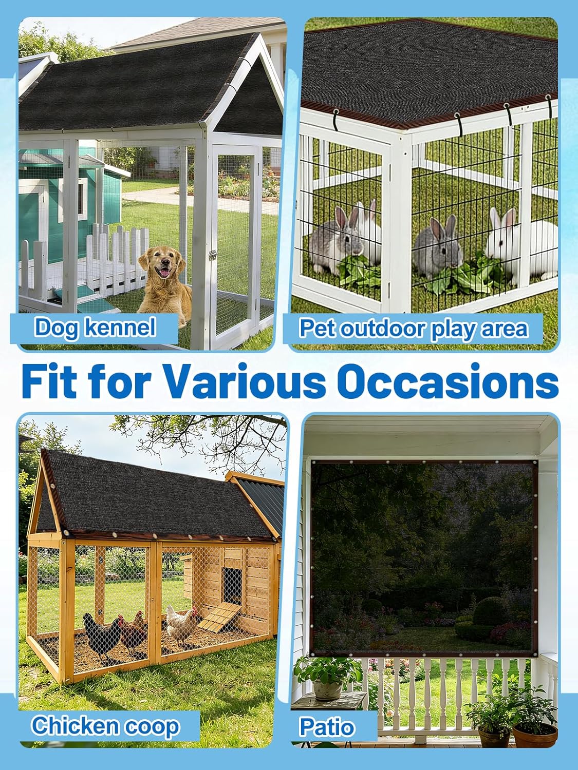 The complete MEWTOGO outdoor shade kit including the black mesh cover panel and the included long fixing rope.