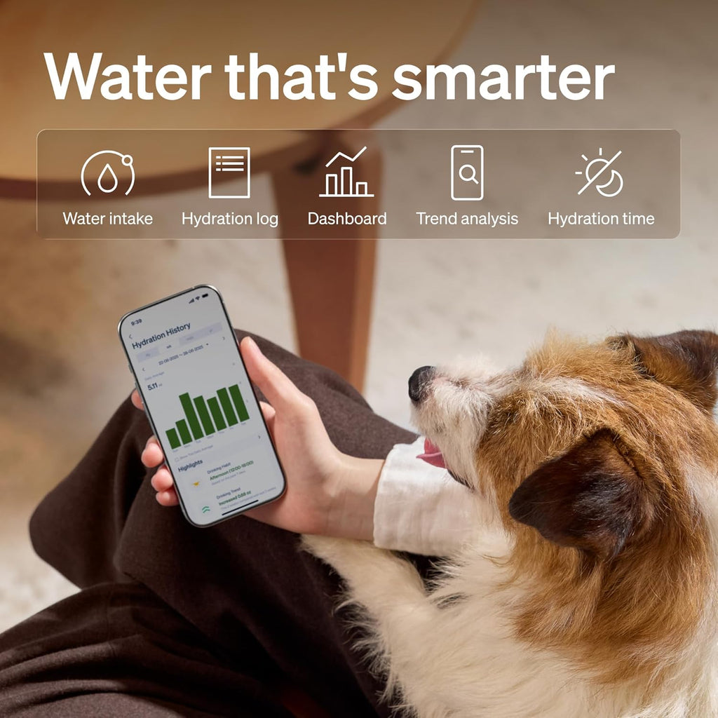 Petlibro smart pet fountain showing mobile app hydration dashboard