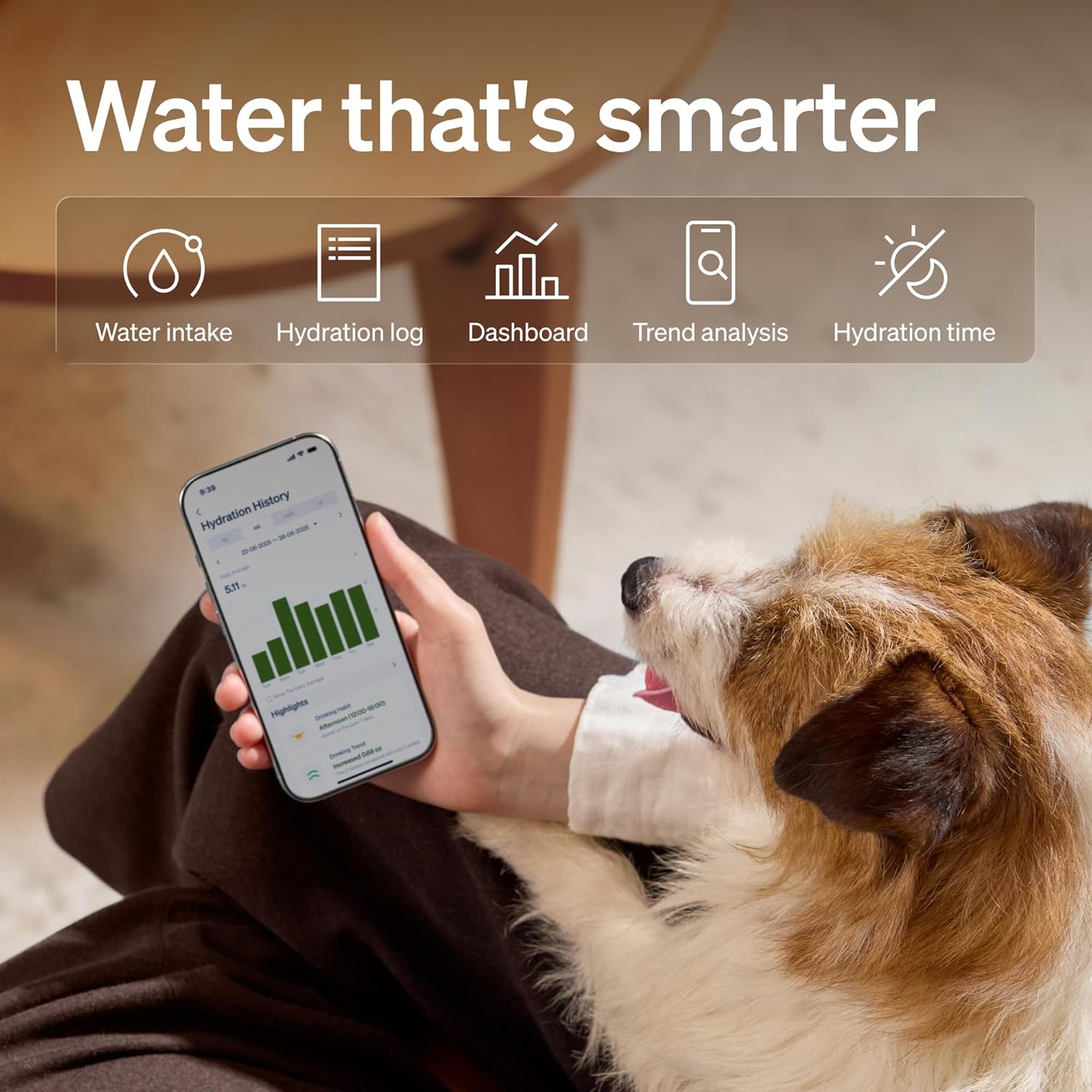 Petlibro smart pet fountain showing mobile app hydration dashboard