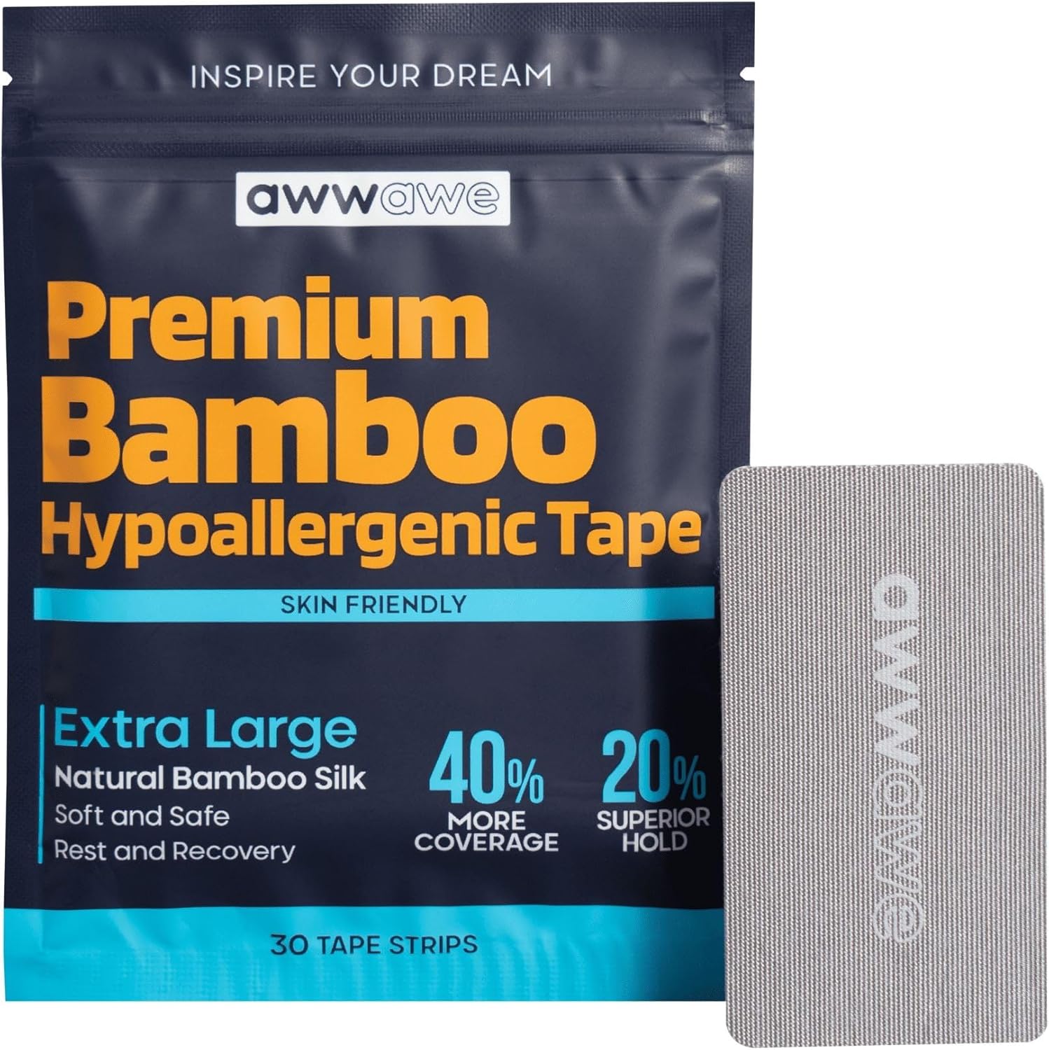 Awwawe extra large bamboo mouth tape 30 count front view packaging for nasal breathing support
