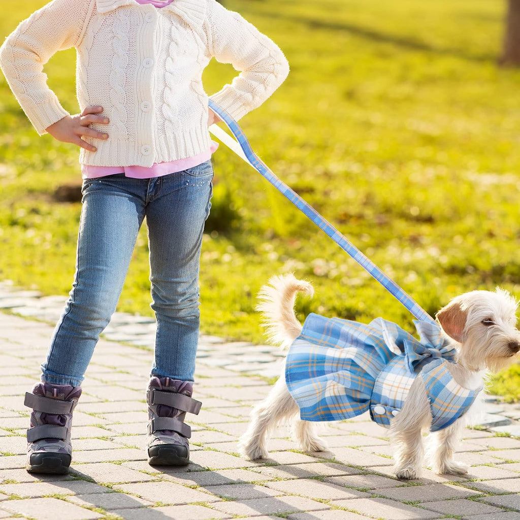Detailed view of the secure metal leash attachment on the plaid pet dress harness.