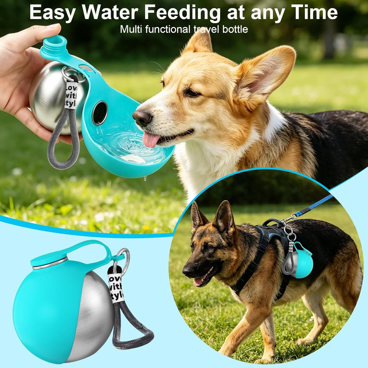 HJKLIUT stainless steel travel pet water dispenser showing the secure locking mechanism close up.