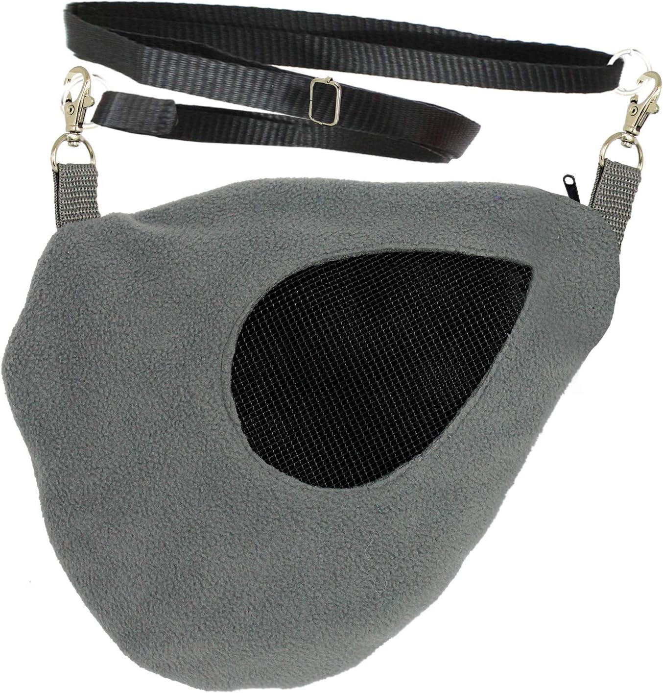 Exotic Nutrition Teardrop Carry Pouch front view showing grey fleece and mesh window