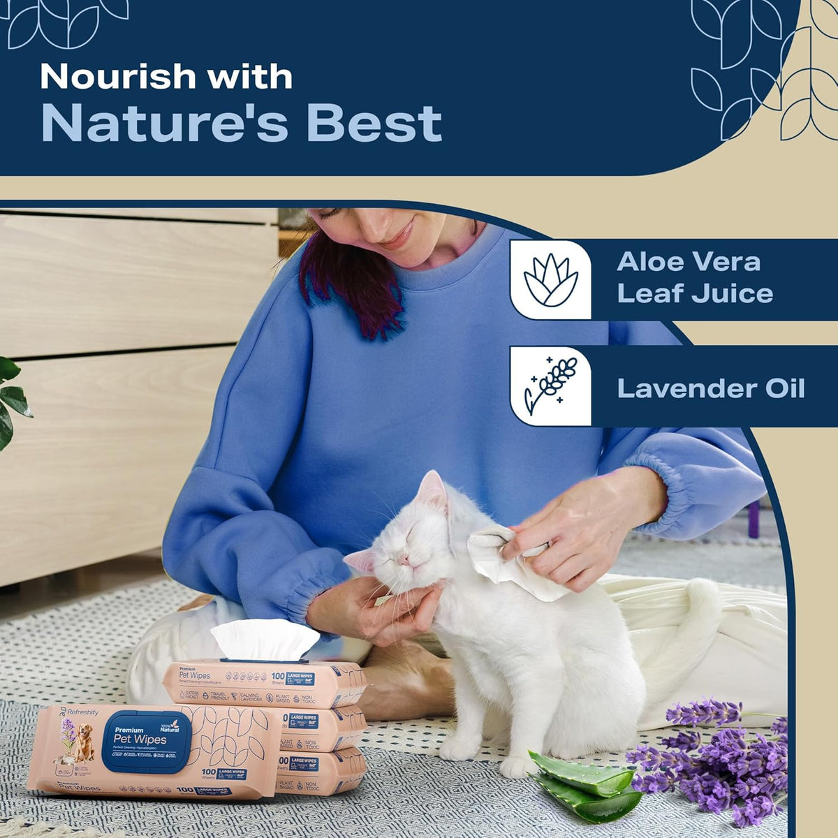 Side view of Refreshify pet wipes highlighting the 12 additional travel wipes.