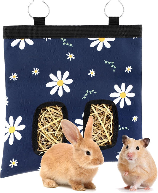 Ondware Rabbits Hay Feeder Bag for Bunny - Hanging Washable Dual-Port Hay Dispenser for Rabbits, Guinea Pigs; 600D Oxford Fabric, Collapsible, Blue Daisy Pattern - Image 1