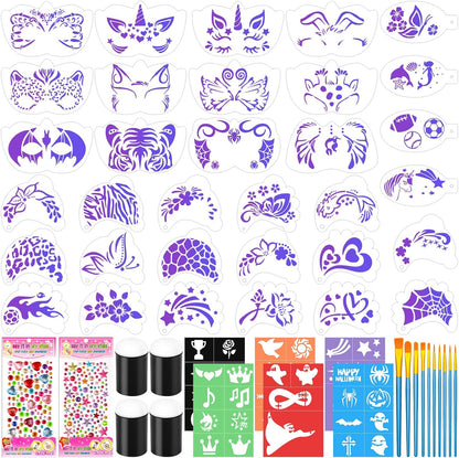 Flasoo face paint stencils kit front view showing reusable stencils and makeup brushes.